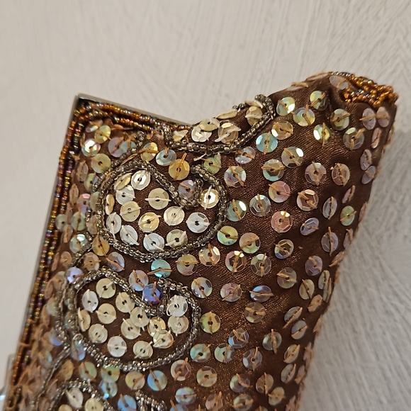 Sequin beaded evening clutch crossbody silver hardware brown iridescent EUC - Picture 6 of 13